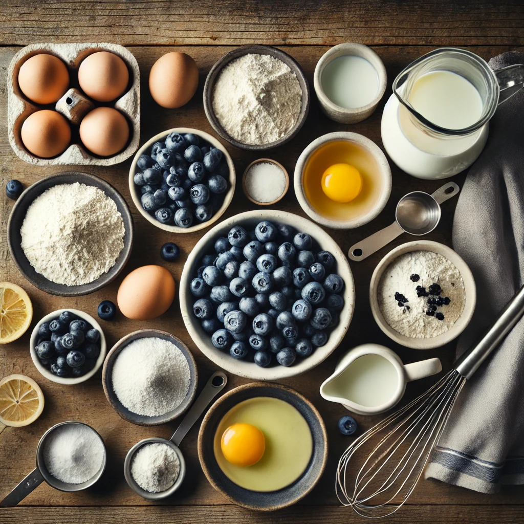 A neatly arranged flat lay of ingredients for a blueberry muffin recipe. 