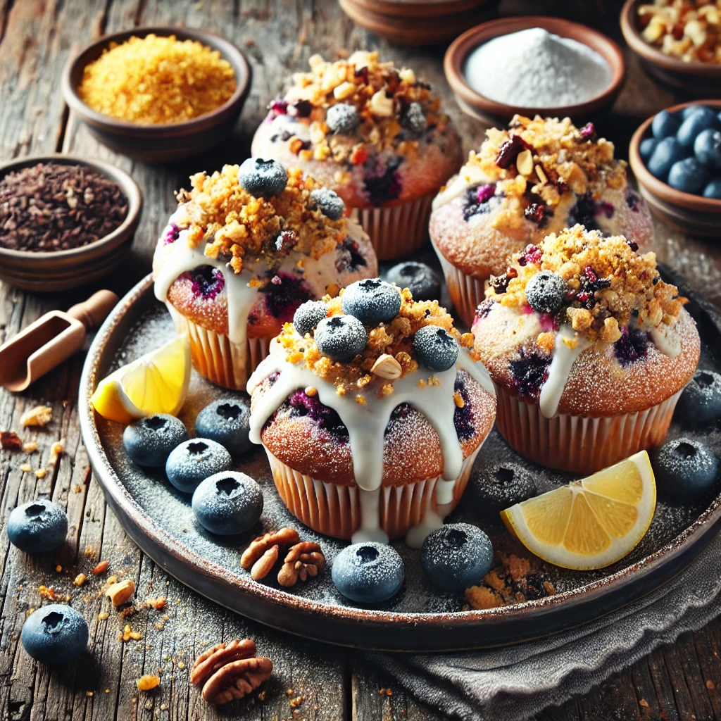 A plate of blueberry muffins recipe with creative toppings, including streusel crumble, powdered sugar, lemon glaze, and crushed nuts, placed on a rustic wooden table surrounded by small bowls of toppings like blueberries, nuts, and lemon zest for a cozy and inspiring baking scene.