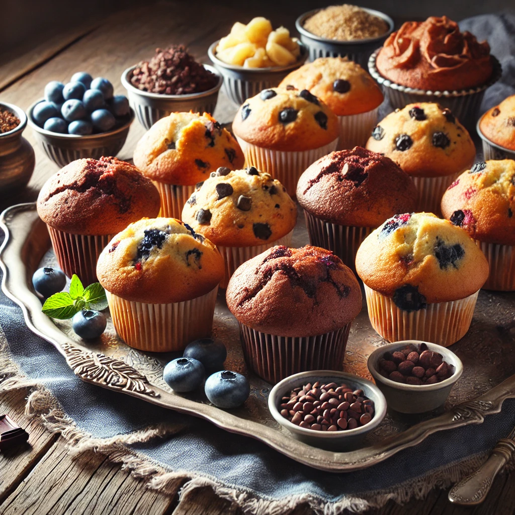 A decorative serving tray showcasing a variety of muffins, including blueberry muffins, chocolate chip muffins, and banana muffins, emphasizing their versatility with toppings like blueberries, chocolate chips, and nuts, arranged in a cozy, rustic setting