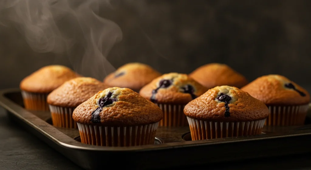 Freshly baked blueberry muffins recipe with steam rising, golden brown tops, and visible blueberries, placed on a rustic kitchen counter for a cozy homemade vibe