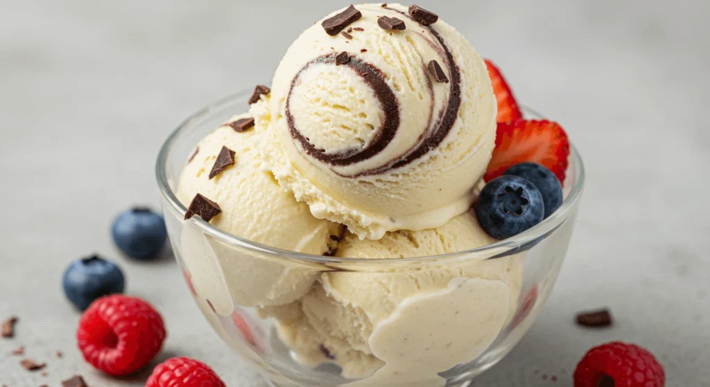 A creamy bowl of homemade keto ice cream recipe topped with fresh berries