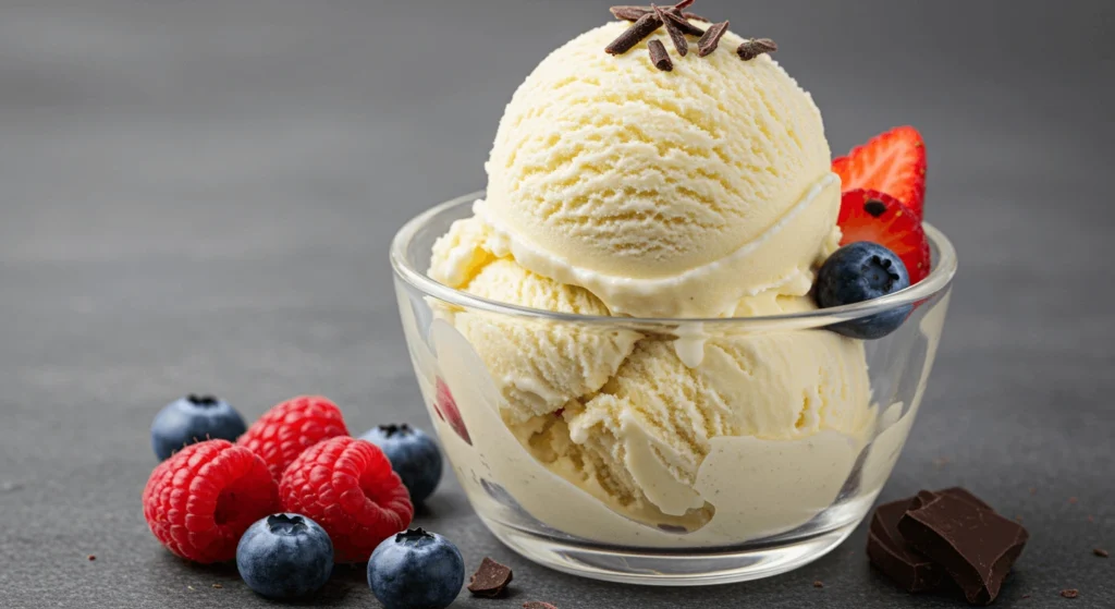 best keto ice cream recipe topped with fresh berries and Chocolate, showcasing a delicious low-carb dessert