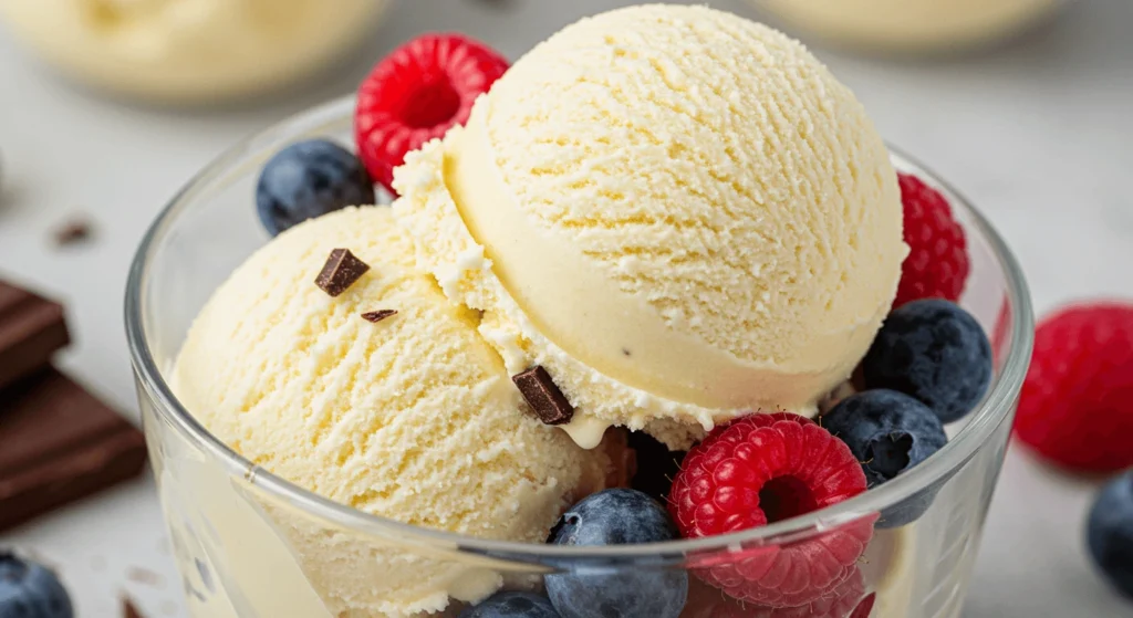 A creamy bowl of homemade vanilla keto ice cream recipe topped with fresh berries and Chocolate, showcasing a delicious low-carb dessert