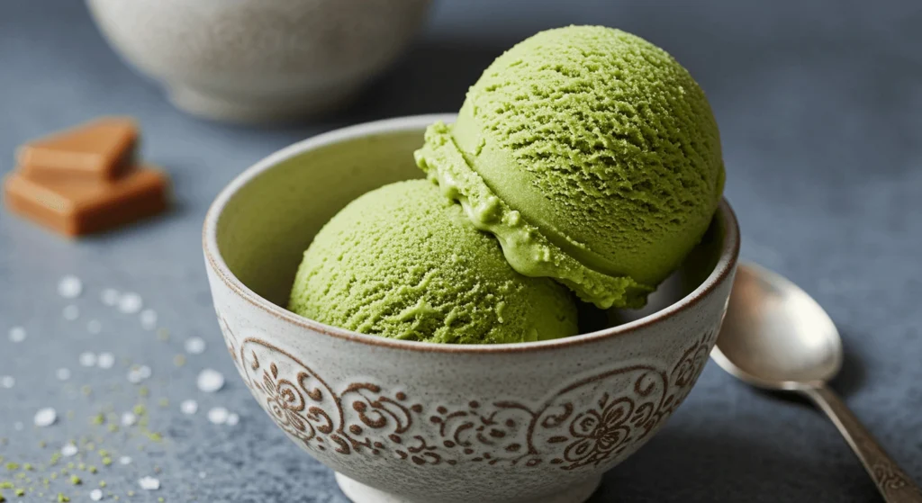 Two scoops of vibrant green matcha-flavored ice cream served in a rustic bowl, showcasing the smooth and creamy texture achieved with the Ninja Creami ice cream maker. The ice cream is topped with a delicate, lusciously soft edge, with a spoon placed beside the bowl, ready to enjoy this homemade frozen treat.