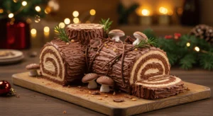 Festive Yule Log Cake on a holiday table, featuring a chocolate sponge roll filled with creamy mascarpone and topped with whipped chocolate ganache. The cake is garnished with powdered sugar to resemble snow, fresh holly leaves, and bright red berries, set against a cozy background with warm holiday decor.