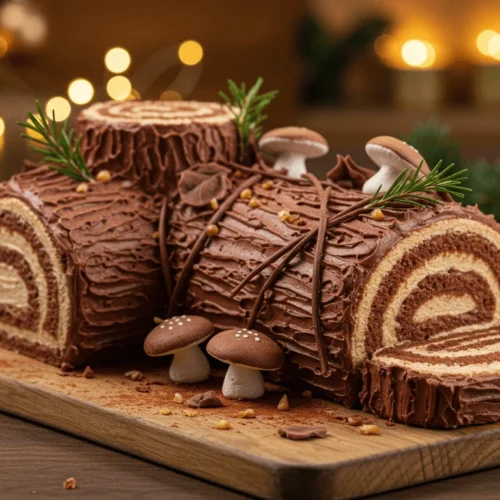 Festive Yule Log Cake on a holiday table, featuring a chocolate sponge roll filled with creamy mascarpone and topped with whipped chocolate ganache. The cake is garnished with powdered sugar to resemble snow, fresh holly leaves, and bright red berries, set against a cozy background with warm holiday decor.