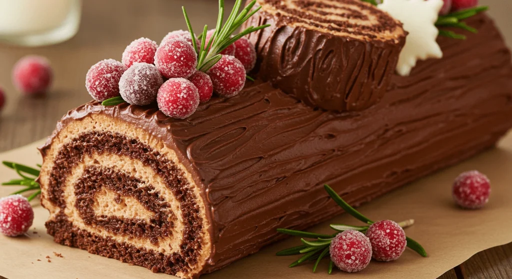 Festive Yule Log Cake on a holiday table, featuring a chocolate sponge roll filled with creamy mascarpone and topped with whipped chocolate ganache. The cake is garnished with powdered sugar to resemble snow, fresh holly leaves, and bright red berries, set against a cozy background with warm holiday decor