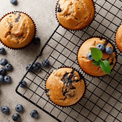 Freshly baked blueberry muffins cooling on a wire rack, surrounded by fresh blueberries and green leaves on a rustic countertop