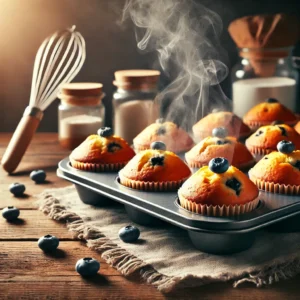 Freshly Baked Blueberry Muffins Recipe with Rising Steam for a Cozy Vib