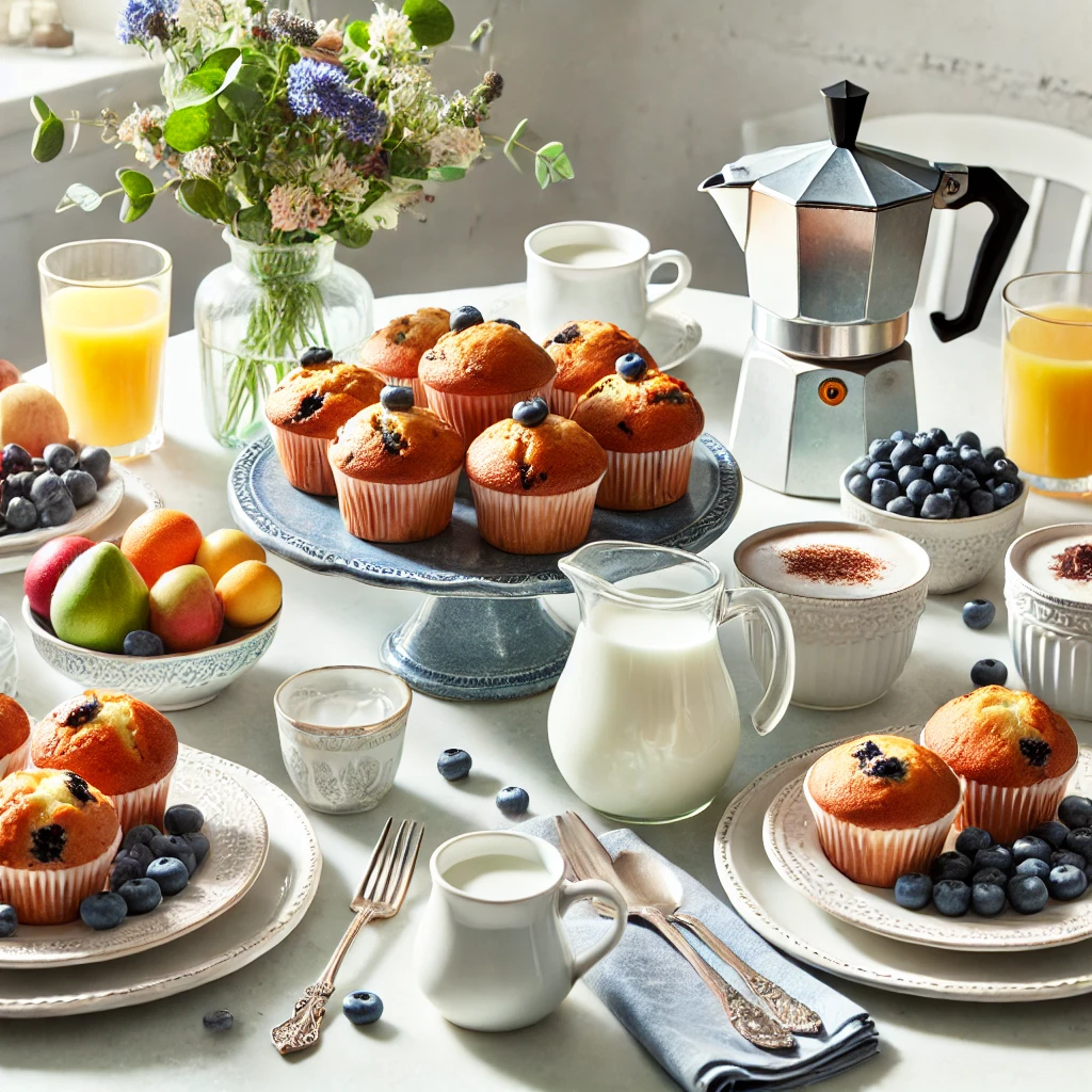 Family-style breakfast table set for a weekend morning with blueberry muffins, fresh fruits, milk, coffee, and decorative elements on a white marble tabletop. The setup includes elegant plates and cups, creating a cozy and inviting atmosphere for a family gathering