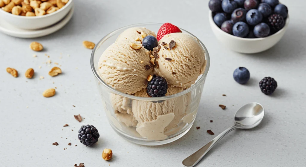 Delicious homemade ice cream made with the Ninja Creami machine, showcasing a creamy texture and vibrant flavor. The ice cream is served in a bowl, with a smooth and velvety finish, topped with optional mix-ins like chocolate chips or fruit for added flavor