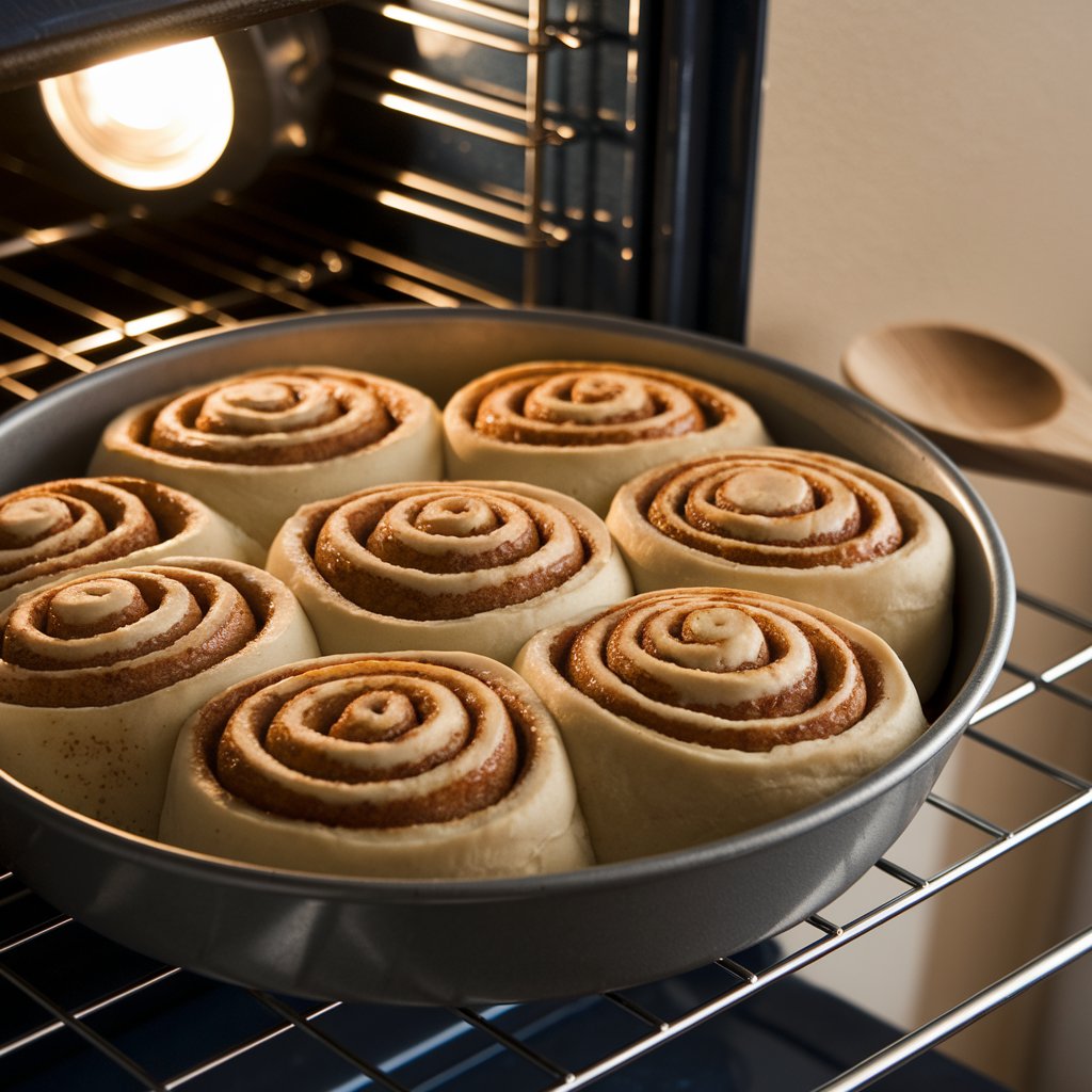 cinnamon rolls baking in oven
