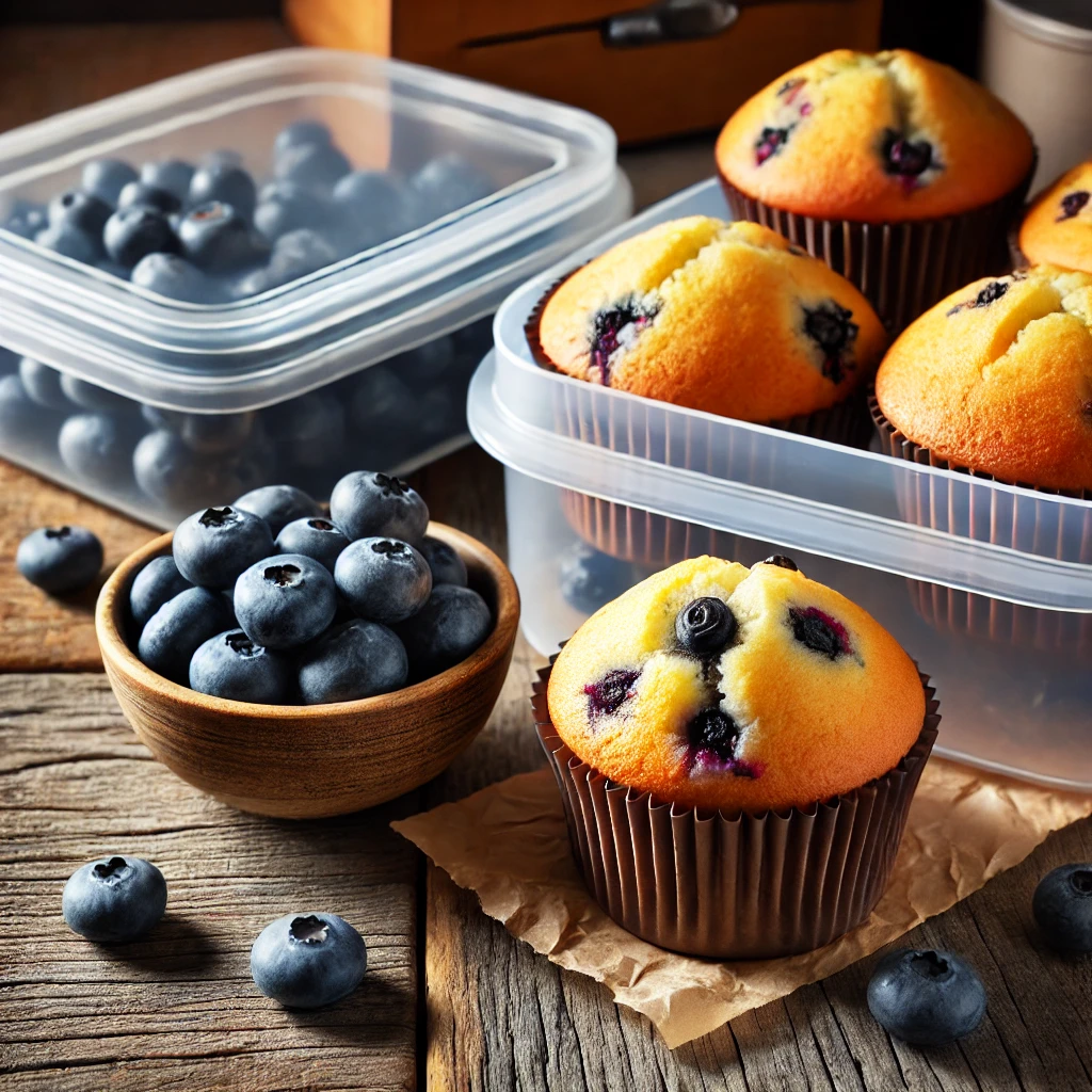 fresh blueberries and a container for storage after finishinbg the blueberries muffins recipe