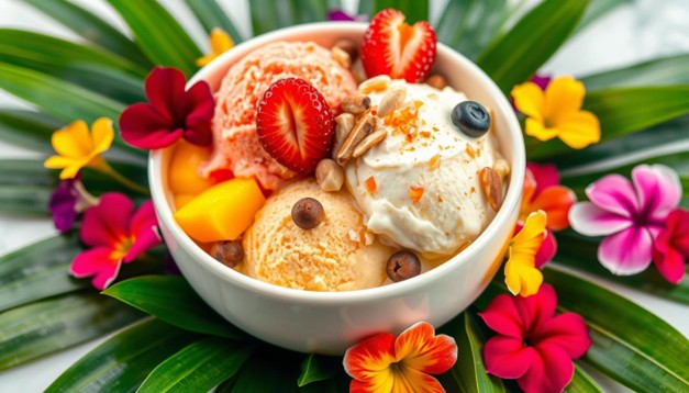 A vibrant bowl of dairy-free ice cream made with the Ninja Creami, topped with fresh strawberries, blueberries, mango slices, nuts, and a sprinkle of orange zest. The ice cream scoops are surrounded by colorful tropical flowers and lush green leaves, highlighting the refreshing and indulgent nature of this homemade frozen treat
