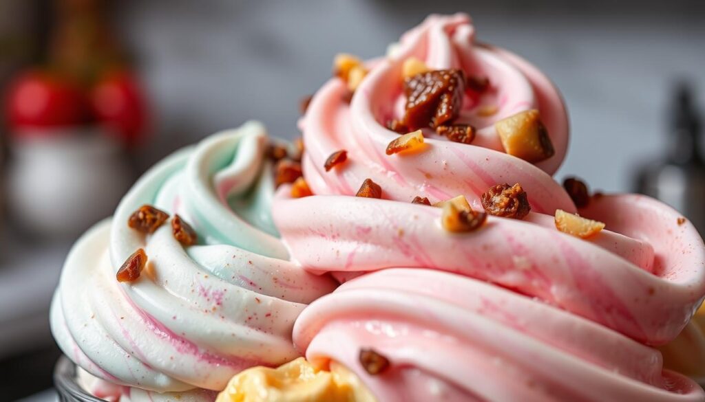Swirls of creamy, smooth ice cream with a perfect blend of pink and blue colors, topped with crunchy caramelized nuts. The ice cream has been re-spun using the Ninja Creami, achieving a silky texture and beautiful presentation. This delightful treat is a testament to the machine's ability to create rich, decadent desserts with ease