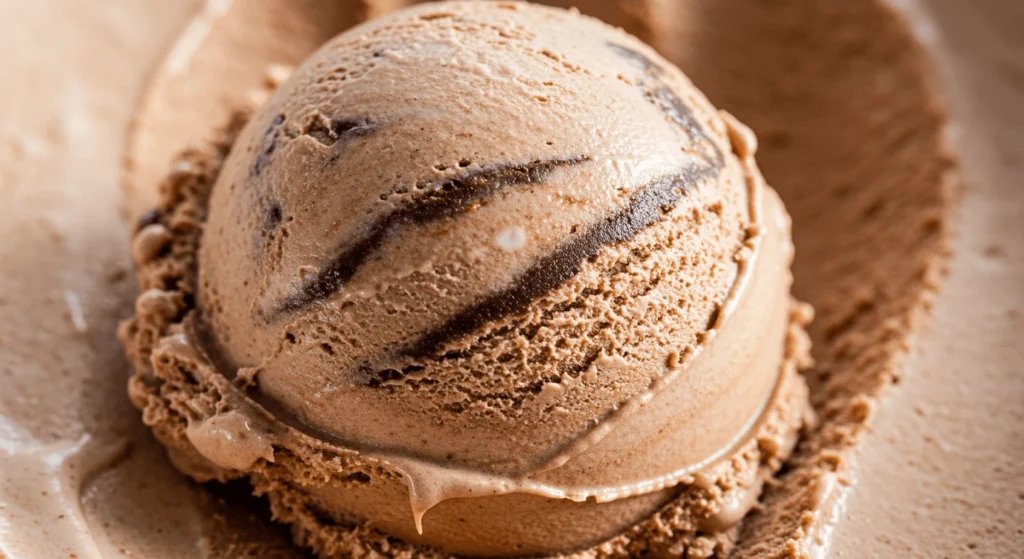 A close-up of a scoop of creamy, smooth chocolate ice cream made with the Ninja Creami machine. The ice cream has a rich, velvety texture with a swirl of chocolate sauce running through it, highlighting its decadent flavor and perfect consistency