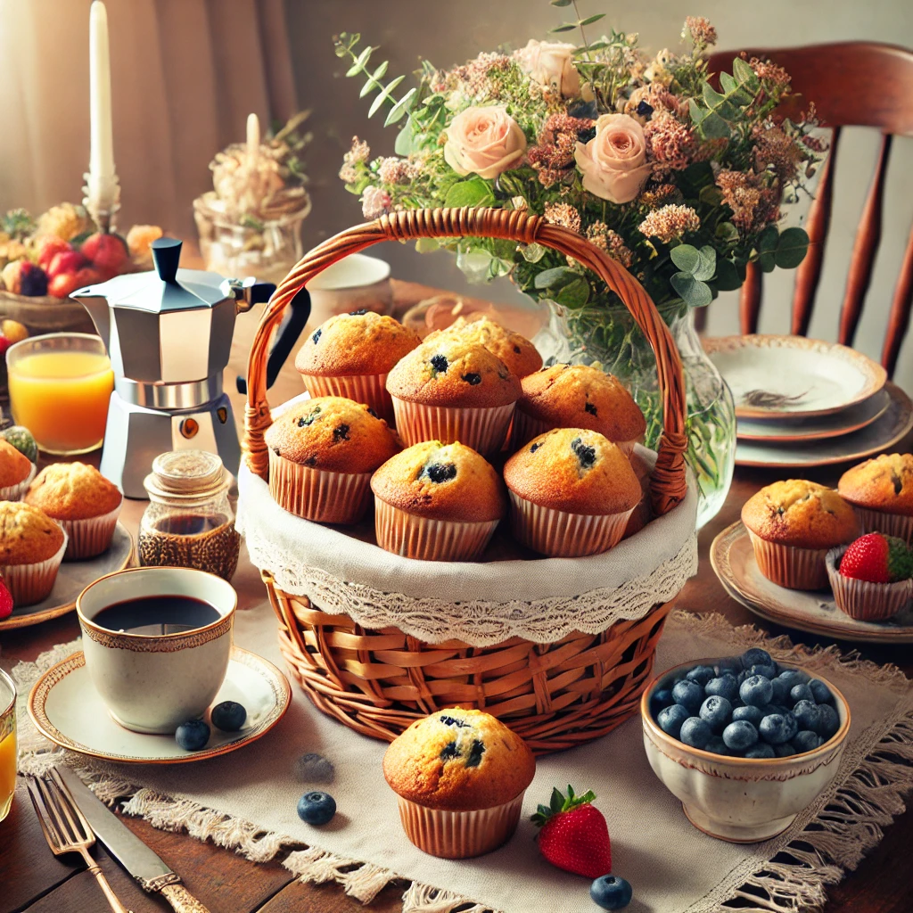 wicker basket filled with golden brown blueberry muffins recipe outcome.