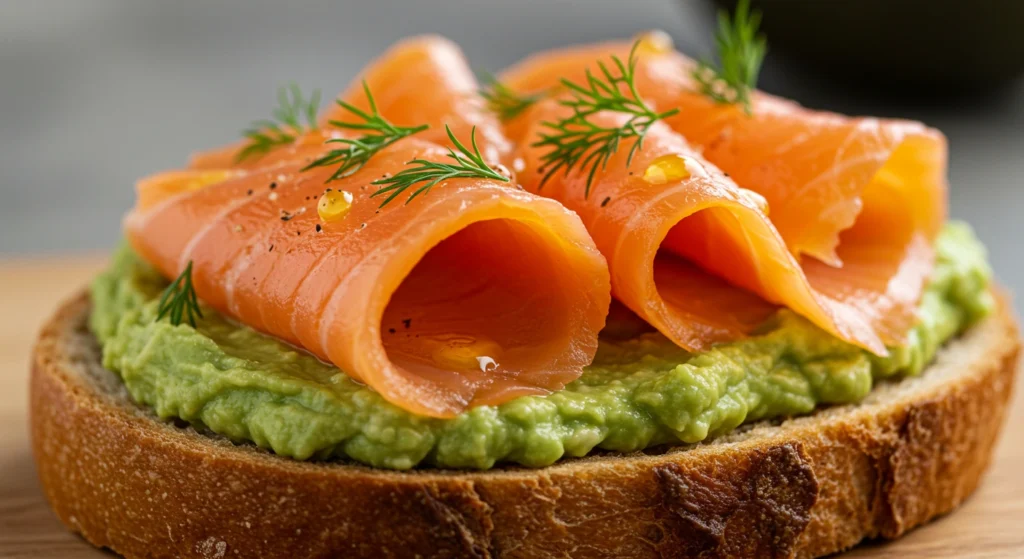 Close-up of avocado toast topped with silky smoked salmon slices, sprinkled with everything bagel seasoning and garnished with fresh herbs