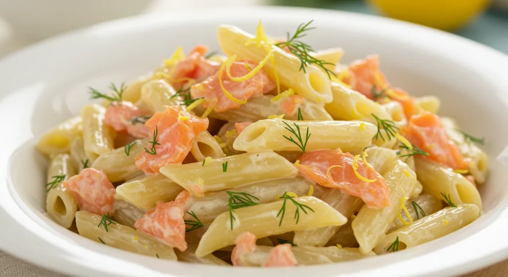 Close-up of creamy smoked salmon pasta topped with fresh dill and lemon zest, served in a white bowl for an elegant and flavorful meal