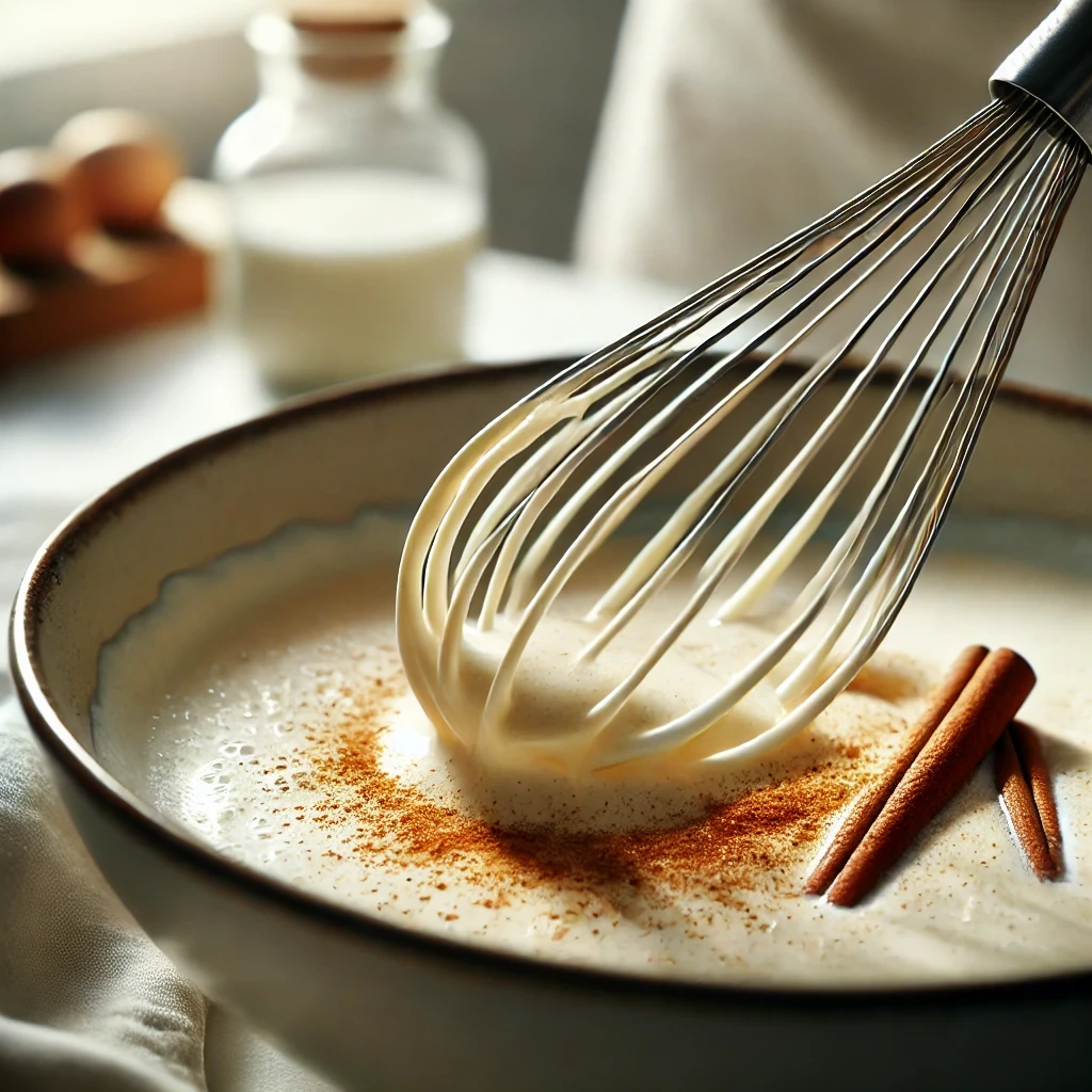 Close-up of French toast batter being whisked in a bowl, showcasing a creamy mixture of milk or cream, vanilla extract, and cinnamon, with a whisk actively blending the ingredients on a clean kitchen counter