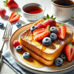Close-up of golden French toast drizzled with maple syrup, garnished with fresh strawberries, blueberries, and powdered sugar on a bright breakfast table.