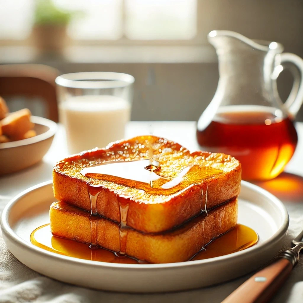 Close-up of golden French toast with a perfectly golden-brown crust, generously drizzled with maple syrup on a simple white plate, set on a cozy breakfast table with soft natural lighting.