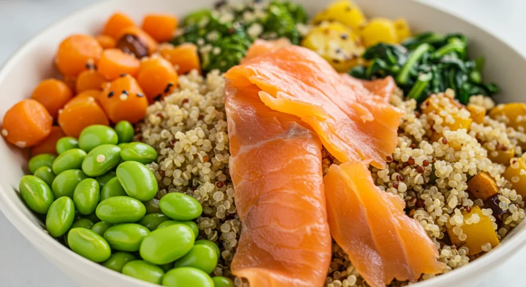 A colorful grain bowl with smoked salmon, quinoa, roasted vegetables, and a drizzle of tahini dressing, served as a healthy and balanced meal