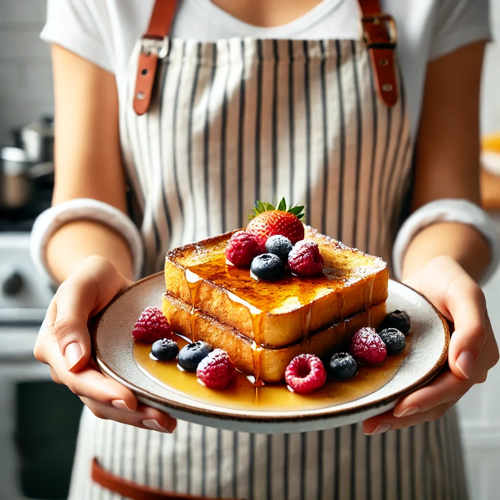 A plate of golden French toast, beautifully arranged with a golden-brown crust, drizzled with maple syrup, and garnished with fresh berries and powdered sugar