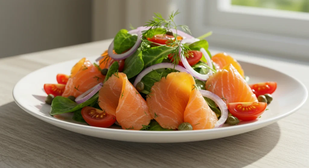 Fresh mixed greens salad topped with smoked salmon, goat cheese, and a drizzle of Dijon vinaigrette, creating a light and elegant dish