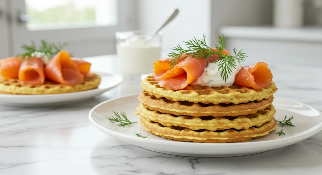 Golden waffles topped with smoked salmon, a perfectly poached egg, and creamy hollandaise sauce, served as a luxurious brunch dish
