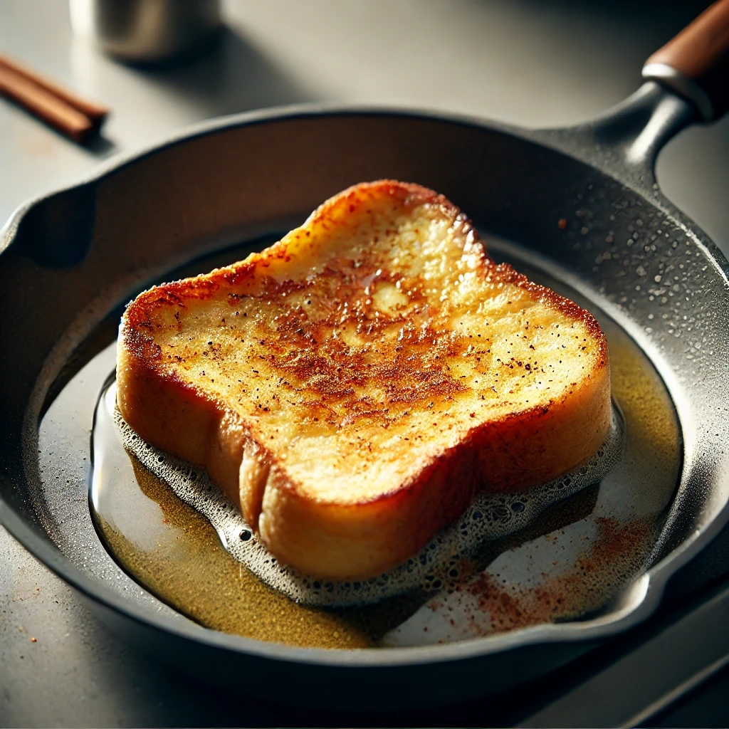 A slice of golden French toast sizzling on a non-stick pan, showing a batter-coated texture with hints of cinnamon and vanilla, and forming a golden-brown crust
