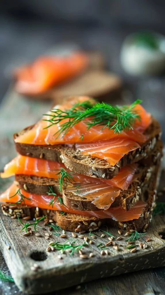 Stacked rye sandwich filled with pastrami-style smoked salmon, Swiss cheese, sauerkraut, and Dijon mustard, served on a rustic wooden board