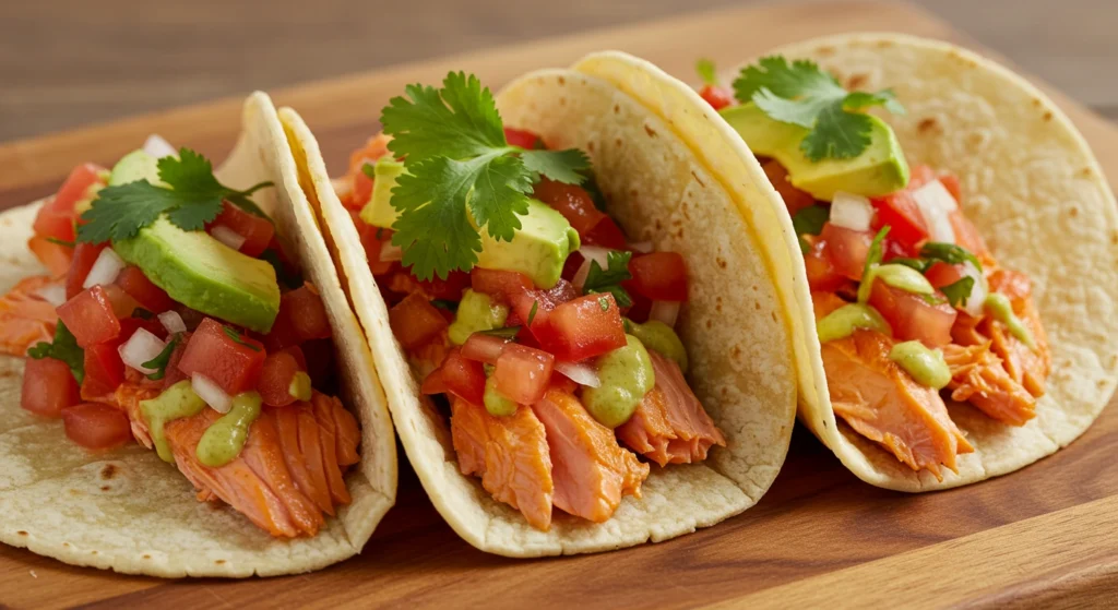 A trio of vibrant smoked salmon tacos served on warm corn tortillas, topped with shredded cabbage, avocado slices, and a squeeze of lime