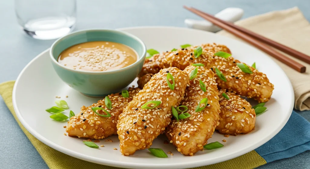 Asian-inspired chicken cutlets garnished with sesame seeds and scallions, served with sesame dipping sauce