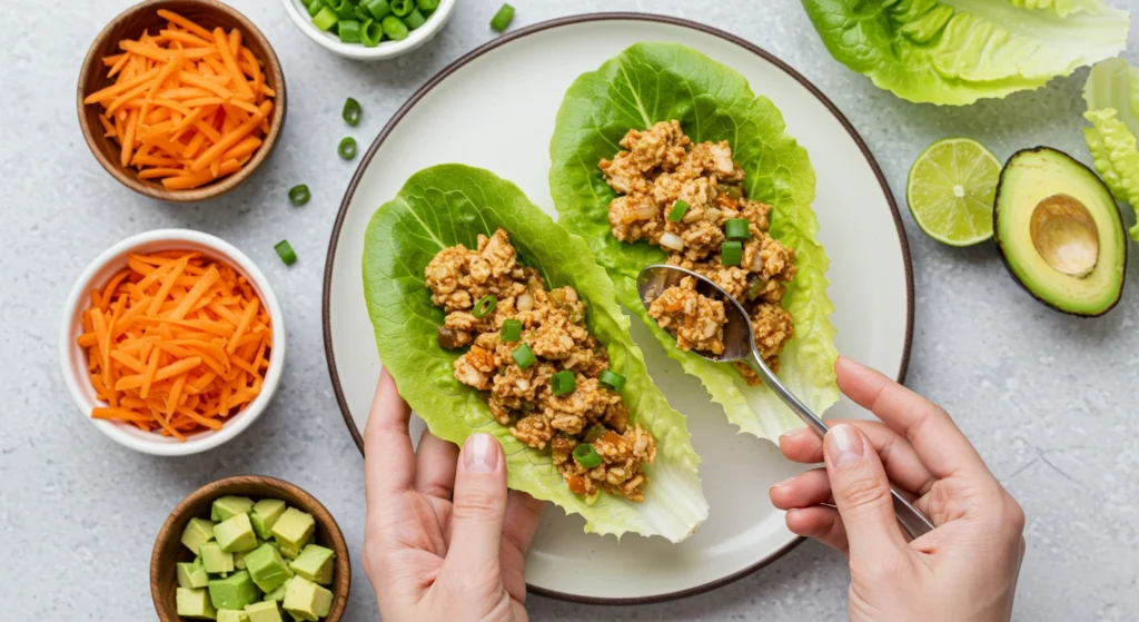 Assembling a turkey lettuce wrap by spooning ground turkey into a butter lettuce leaf, surrounded by fresh toppings