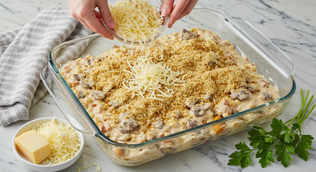 Stroganoff mixture in a baking dish topped with breadcrumbs, Parmesan, and shredded cheese, ready for baking.