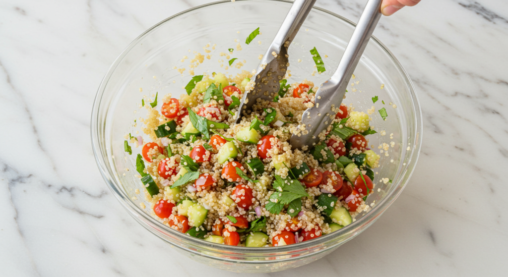 Cooked quinoa, vegetables, chickpeas, and herbs in a large mixing bowl, ready to be mixed for the Jennifer Aniston Salad