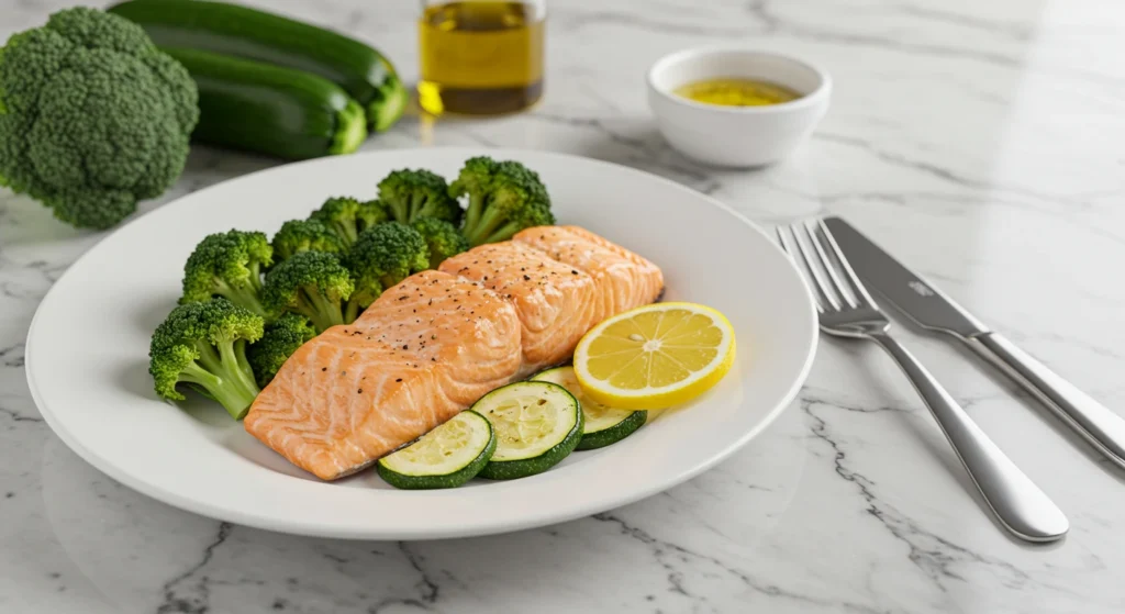 Baked salmon fillet with roasted broccoli and zucchini, garnished with lemon wedges