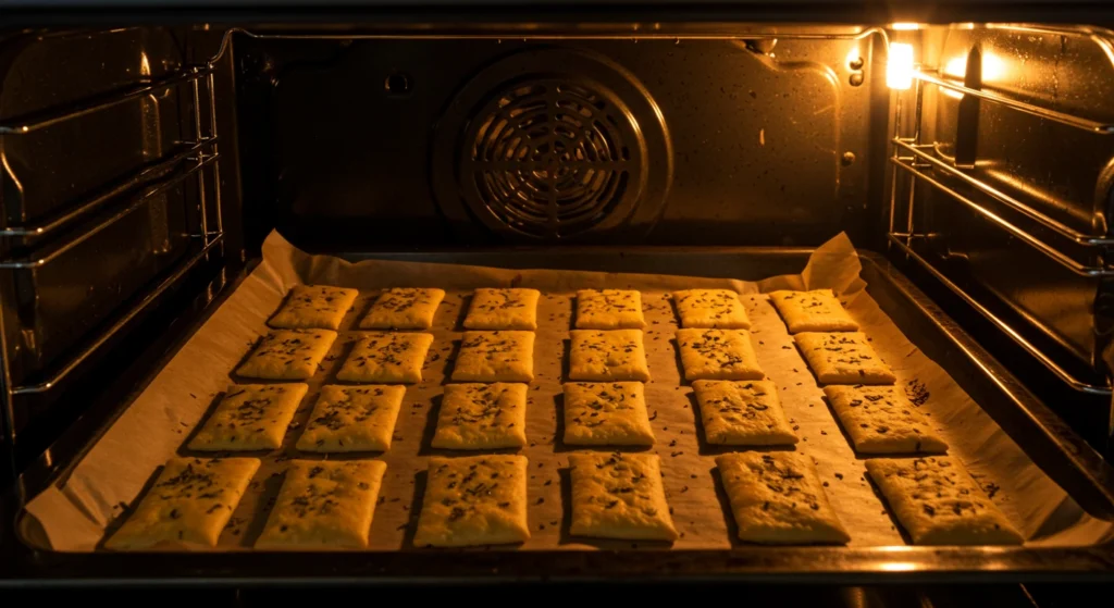 A tray of sourdough discard crackers baking in the oven, with golden edges beginning to form.
