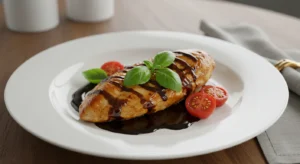 Plated Balsamic Chicken with tangy glaze, fresh basil, and cherry tomatoes on a white ceramic plate set on a modern wooden table