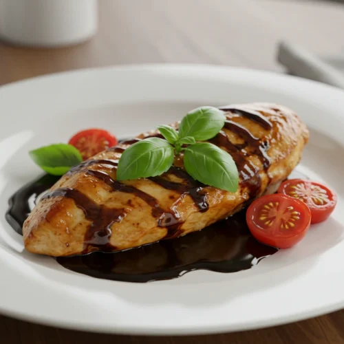 Plated Balsamic Chicken with tangy glaze, fresh basil, and cherry tomatoes on a white ceramic plate set on a modern wooden table