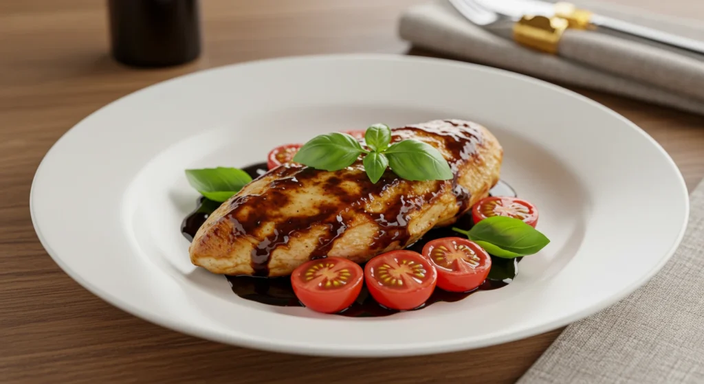 Tender Easy Balsamic Chicken recipe topped with a tangy glaze, garnished with fresh basil and cherry tomatoes, served on a white plate over a modern wooden table