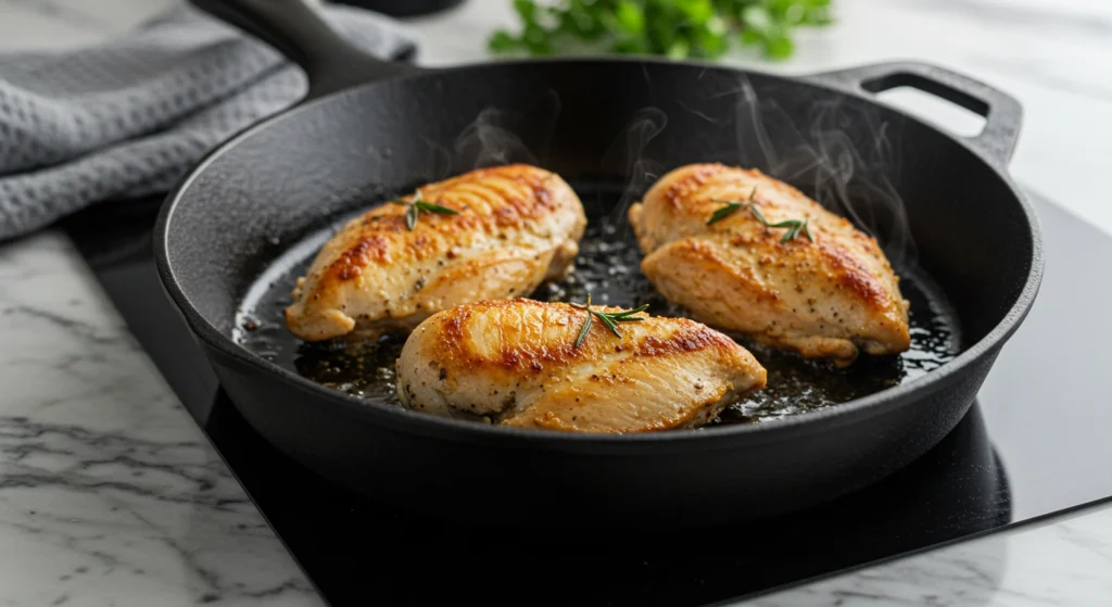 Chicken breasts searing in a skillet, forming a golden-brown crust, with steam rising, showcasing the perfect step for tender and flavorful Balsamic Chicken