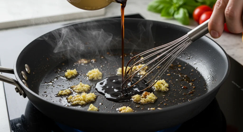 Balsamic Chicken's glaze Garlic sautéing in a skillet with balsamic vinegar, honey, and Dijon mustard being whisked together to create a rich, glossy glaze, simmering to perfection