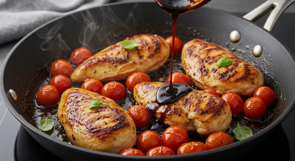 Chicken breasts simmering in a skillet with a rich balsamic glaze, topped with fresh cherry tomatoes, as the sauce thickens to a glossy consistency