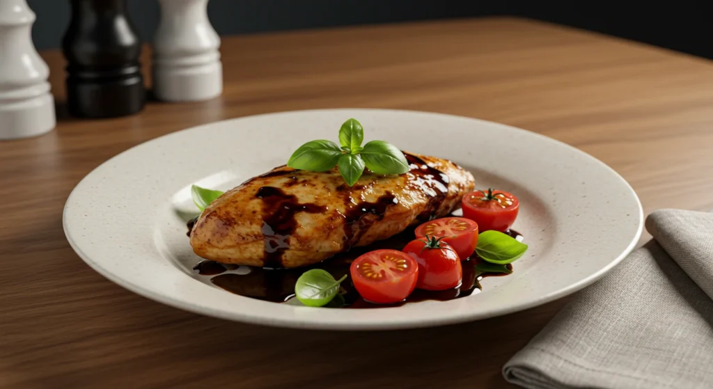 Tender Balsamic Chicken drizzled with tangy glaze, garnished with fresh basil and cherry tomatoes, served on a white plate