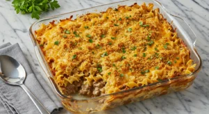 Beef Stroganoff Casserole with golden breadcrumbs and cheese topping, served in a baking dish on a marble countertop