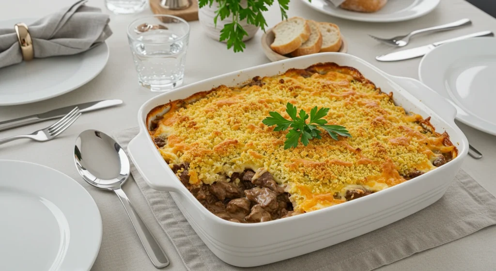 Beef Stroganoff Casserole served in a white baking dish with golden breadcrumbs and cheese, garnished with parsley on a modern dining table.