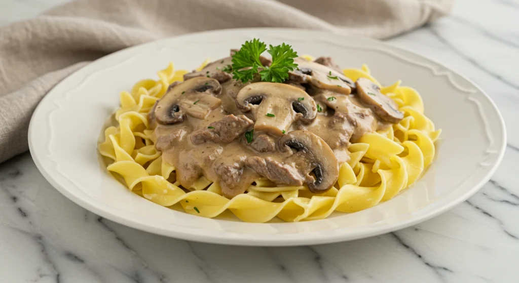 Beef Stroganoff recipe Served Over Buttery Egg Noodles