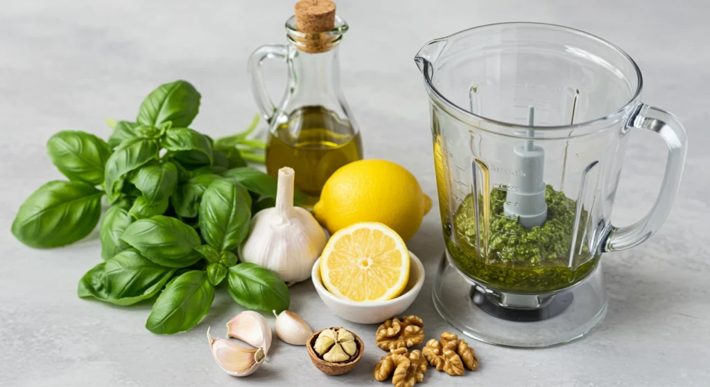Fresh basil, garlic, nuts, olive oil, and lemon juice being blended into dairy-free pesto for the dish